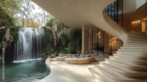 A modern luxury home with a floating staircase, a sunken living room, and a wall of glass overlooking a private waterfall.