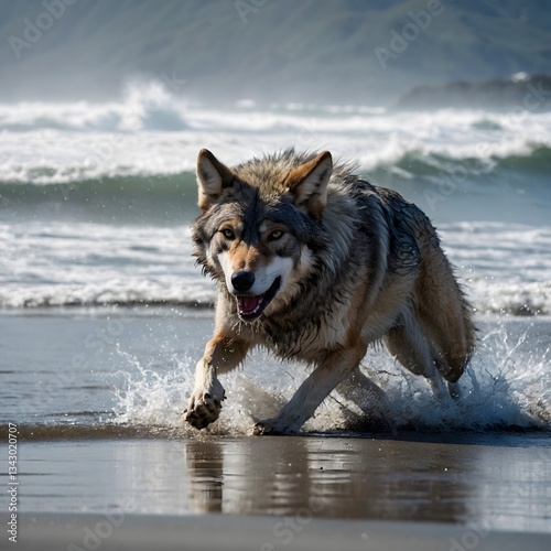 Lone British Columbia Wolf Galloping Through the Wild Coastal Terrain