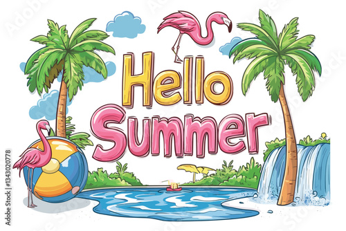 A colorful illustration of the words quick Hello Summer surrounded by palm trees a flamingo a beach ball and a life preserver on a beach with water. 