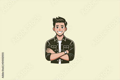 Young smiling man keeping arms crossed isolated on white background. Vector illustration.