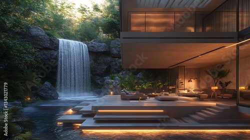 A modern luxury home with a floating staircase, a sunken living room, and a wall of glass overlooking a private waterfall.