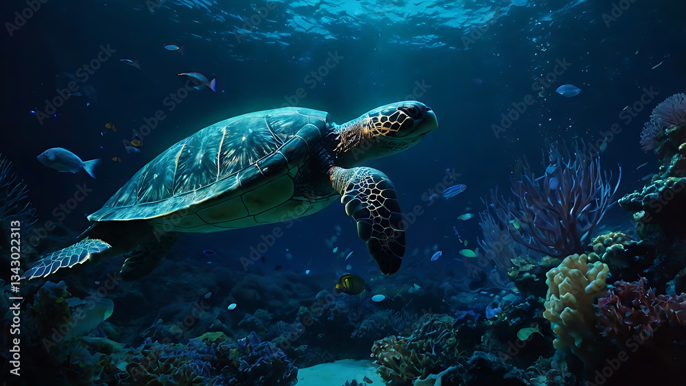 Fototapeta premium Sea Turtle Swimming Gracefully in Ocean with Coral Reef and Fish