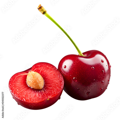 Fresh Red Cherry with Cut Halves On Transparent Background
