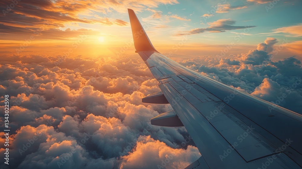 A close-up detailed of an aircraft wing in flight, reflecting sunlight off its smooth surfaces as soft clouds sail beneath. A close-up detailed of an aircraft wing in flight, reflecting sunlight off its smooth surfaces as soft clouds sail beneath.