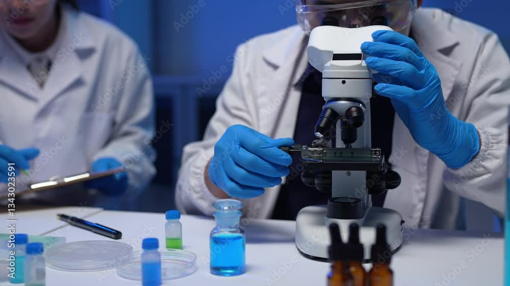 Team of scientists analyzing samples under microscope in laboratory
