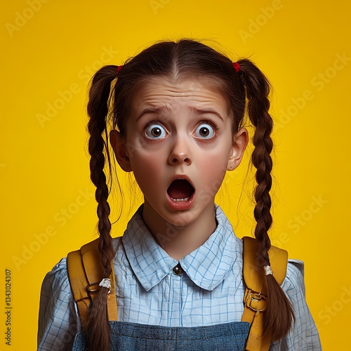 Girl's Shocked Face for Yellow Background. photo