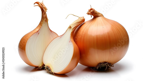 spanish onions, yellow onion on white bacground. vegetables, herbs. photo