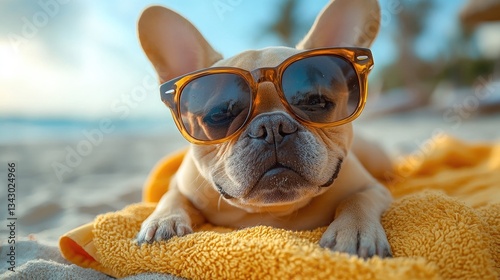 A beach towel, oversized sunglasses, and a fashionable French bulldog embodying a fun summer vibe while relaxing.