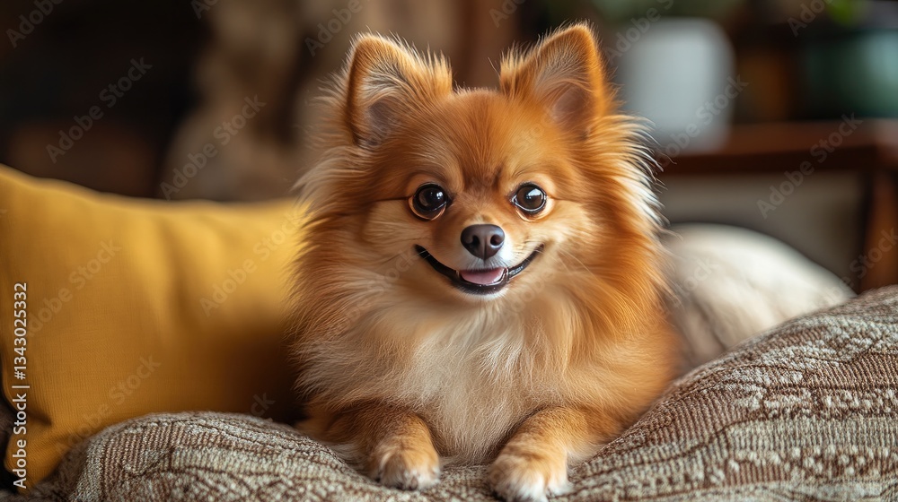 A bright, alert Pomeranian exuding charm and fluffy fur sits contentedly on a plush cushion. A bright, alert Pomeranian exuding charm and fluffy fur sits contentedly on a plush cushion.