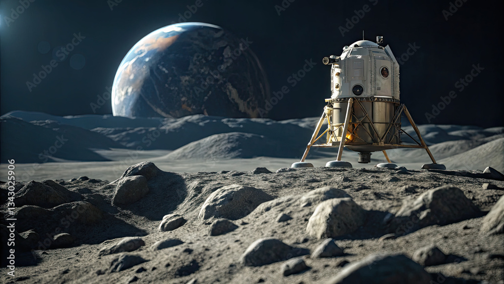 Obraz premium Futuristic moon lander on rocky lunar surface with Earth visible in dark sky, space exploration and lunar mission concept.