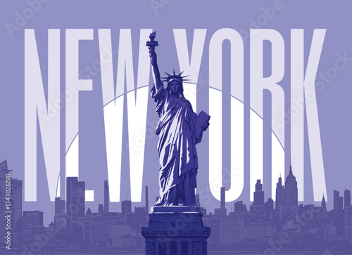 Vector banner or poster with American Statue of Liberty on New York City skyscrapers background at night. USA landmark with lettering. t-shirt design, flyer, travel booklet, postcard
