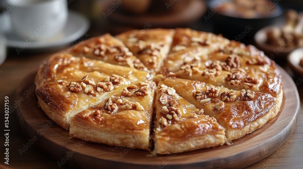 A flaky, honey-drenched masterpiece, adorned with chopped walnuts, a symphony of textures and flavors that tantalizes the senses. A flaky, honey-drenched masterpiece, adorned with chopped walnuts, a symphony of textures and flavors that tantalizes the senses.