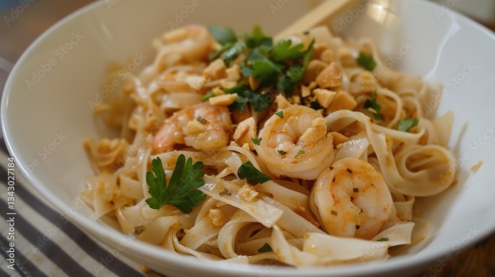 A visually appealing plate of Pad Thai is on display. The Pad Thai consists of long, slender rice noodles expertly stir - fried. These noodles are paired with a variety of fresh and flavorful ingredie