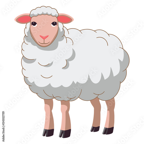 Merino sheep, farm animal with thick wool. Cute ewe in cartoon style, isolated on a white background. Vector illustration.