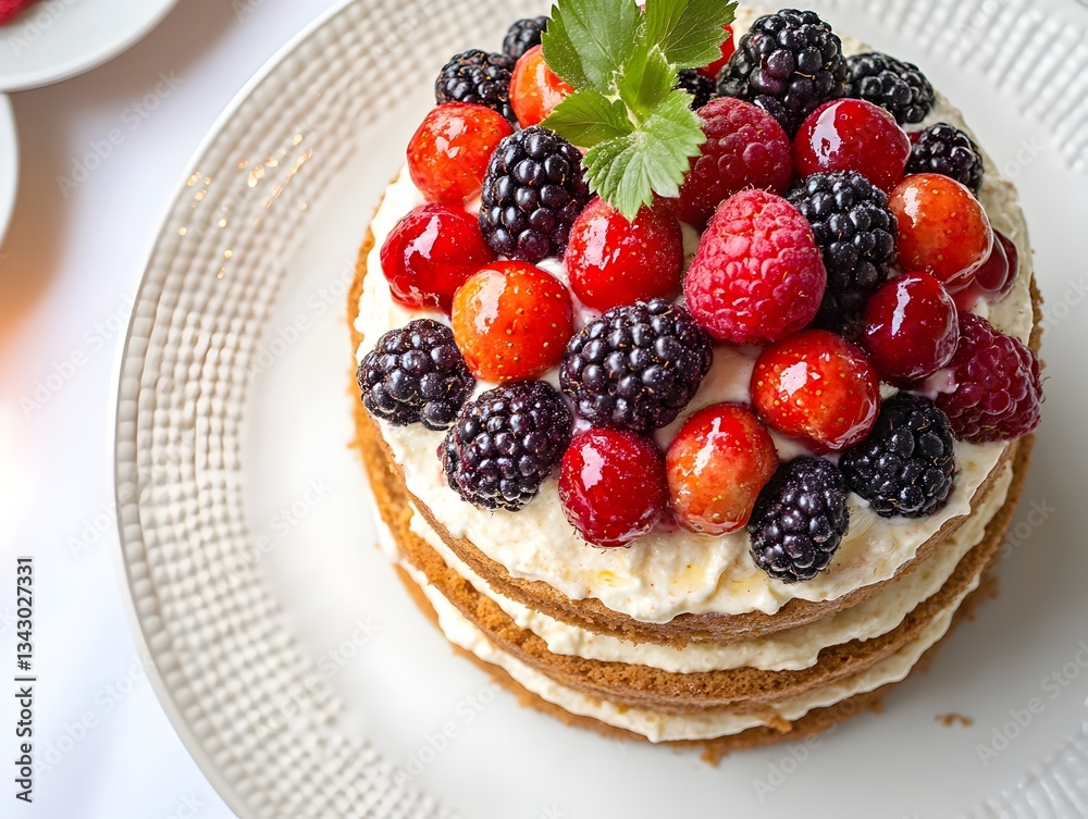 A delicious three-layered cake is adorned with fresh raspberries, blackberries, strawberries and cherries on a white plate. A delicious three-layered cake is adorned with fresh raspberries, blackberries, strawberries and cherries on a white plate.