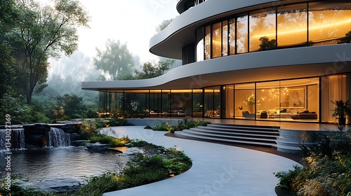 A modern luxury home with a spiral driveway, a water feature at the entrance, and a glass-walled living room overlooking a private garden.
