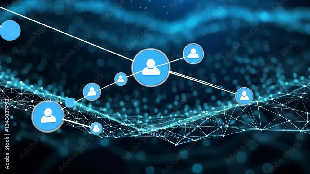 Blue circle with white dot over network of connected dots on a dark blue bokeh background