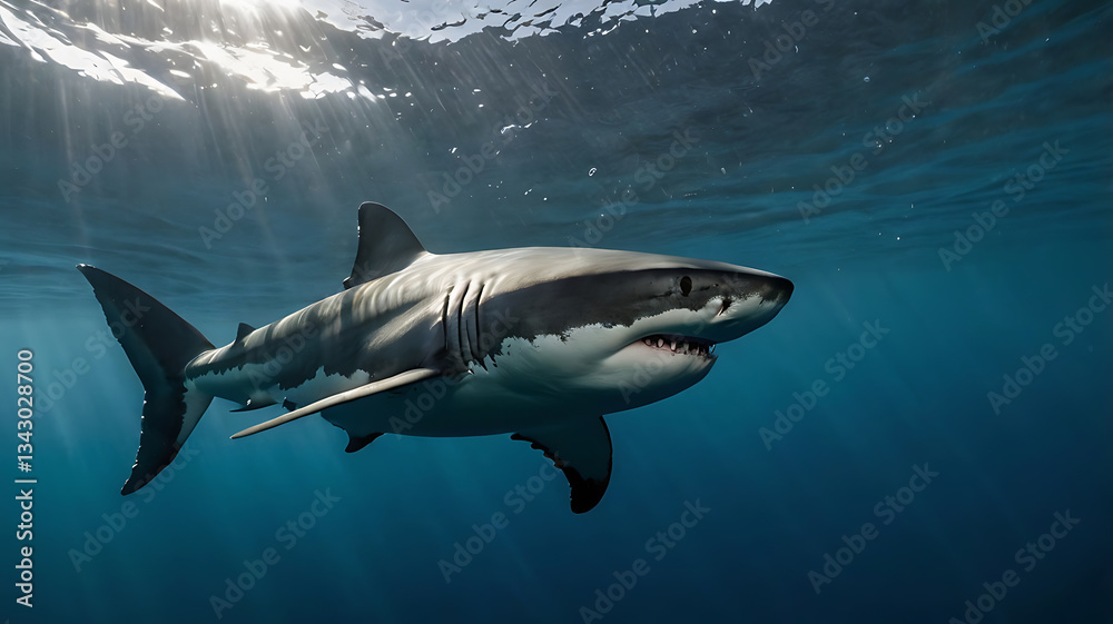Fototapeta premium Great White Shark Swimming Underwater in Ocean with Sunlight Streaming Through