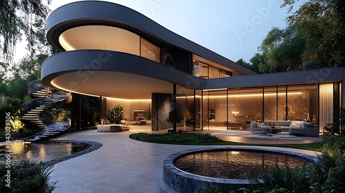 A modern luxury home with a spiral driveway, a water feature at the entrance, and a glass-walled living room overlooking a private garden.