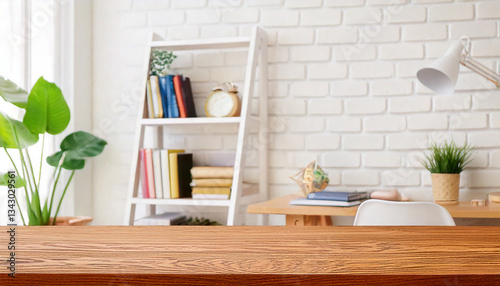 Cropped shot of wooden table with copy space in blurred study room