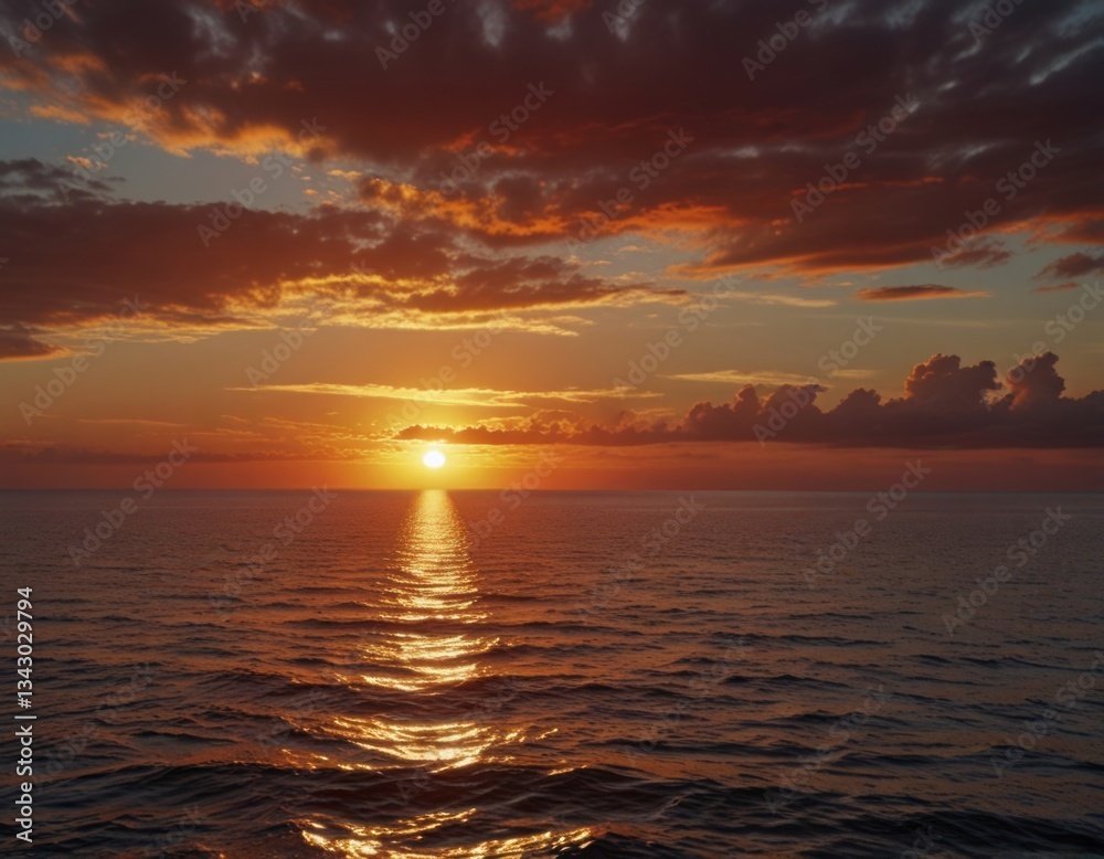 Obraz premium Seascape with scarlet sunset with sun on the horizon