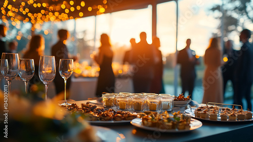Wallpaper Mural Elegant buffet table with gourmet appetizers and wine glasses at a sunset outdoor event. People socializing at a formal gathering Torontodigital.ca