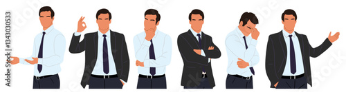 Businessman character with different gesture. Handsome business man in formal outfit standing, pointing, thinking. Vector flat illustrations isolated on transparent background