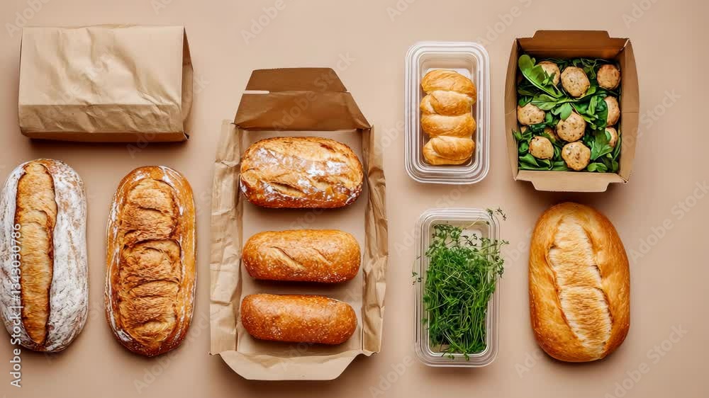 A flat lay of freshly baked bread and pastries with delivery packaging in the background. digital