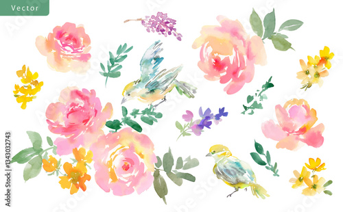 Watercolor Abstract Pink roses, blue bird, Wildflowers, and Leaves Vector Illustration Set / Hand-Painted Floral Background clip art set for Spring and summer