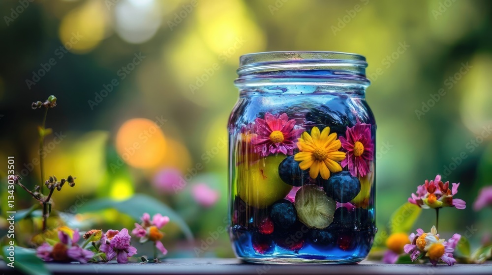 A sealed jar of jelly with vibrant colors and fruit pieces inside A sealed jar of jelly with vibrant colors and fruit pieces inside