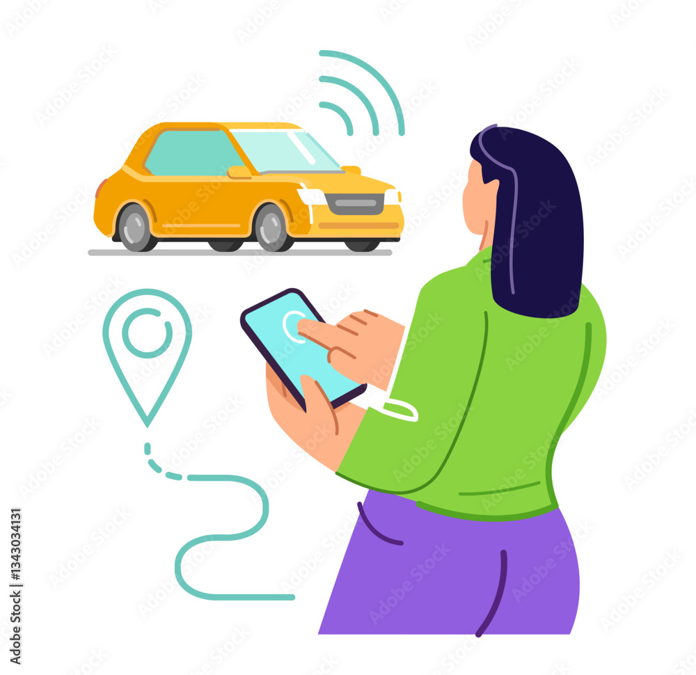 Client woman uses an online service to call taxi. Calling car. Private transportation Client woman uses an online service to call taxi. Calling car. Private transportation