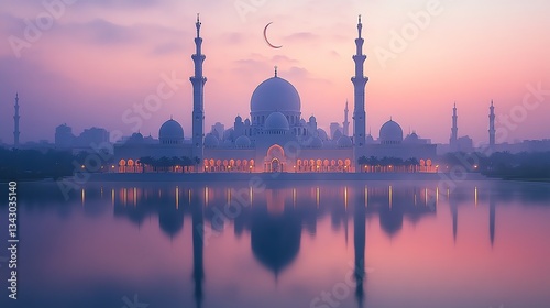 Sheikh Zayed Mosque at Dusk with Reflection on Calm Water