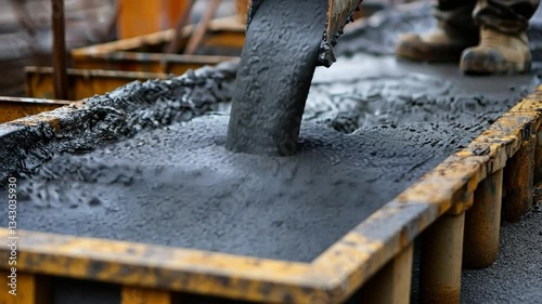 Wallpaper Mural Construction in Action: Close-up shot of fresh concrete being poured into a mold on a construction site, showcasing the process and materials involved. Torontodigital.ca