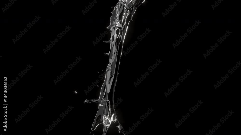 Closeup Slow motion Water Liquid Pouring Splash isolate on back background with Alpha matte. 3D Animation.
