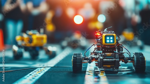A vibrant robotics competition showcasing small autonomous robots racing on a track, with an enthusiastic crowd in the background and colorful lights illuminating the scene
