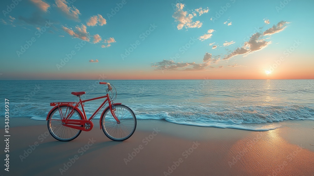 Fototapeta premium On a sandy beach, a sturdy red sightseeing bike rests, with gentle ocean waves framing the scene.
