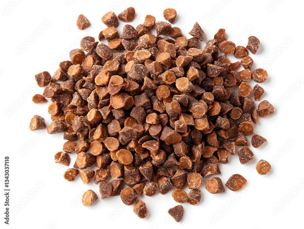 A high-resolution close-up photograph shows a pile of delicious dark chocolate chips isolated on a pure white background perfect for baking recipes. A high-resolution close-up photograph shows a pile of delicious dark chocolate chips isolated on a pure white background perfect for baking recipes.