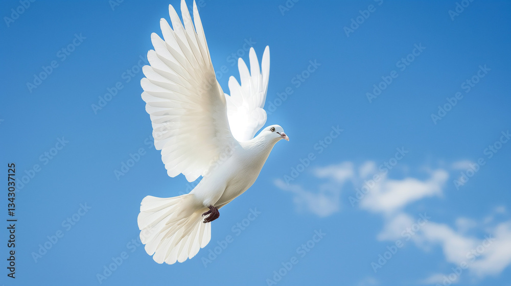 Fototapeta premium White dove flying in clear blue sky, symbolizing peace, freedom, and hope, with serene and tranquil atmosphere, representing harmony and unity.
