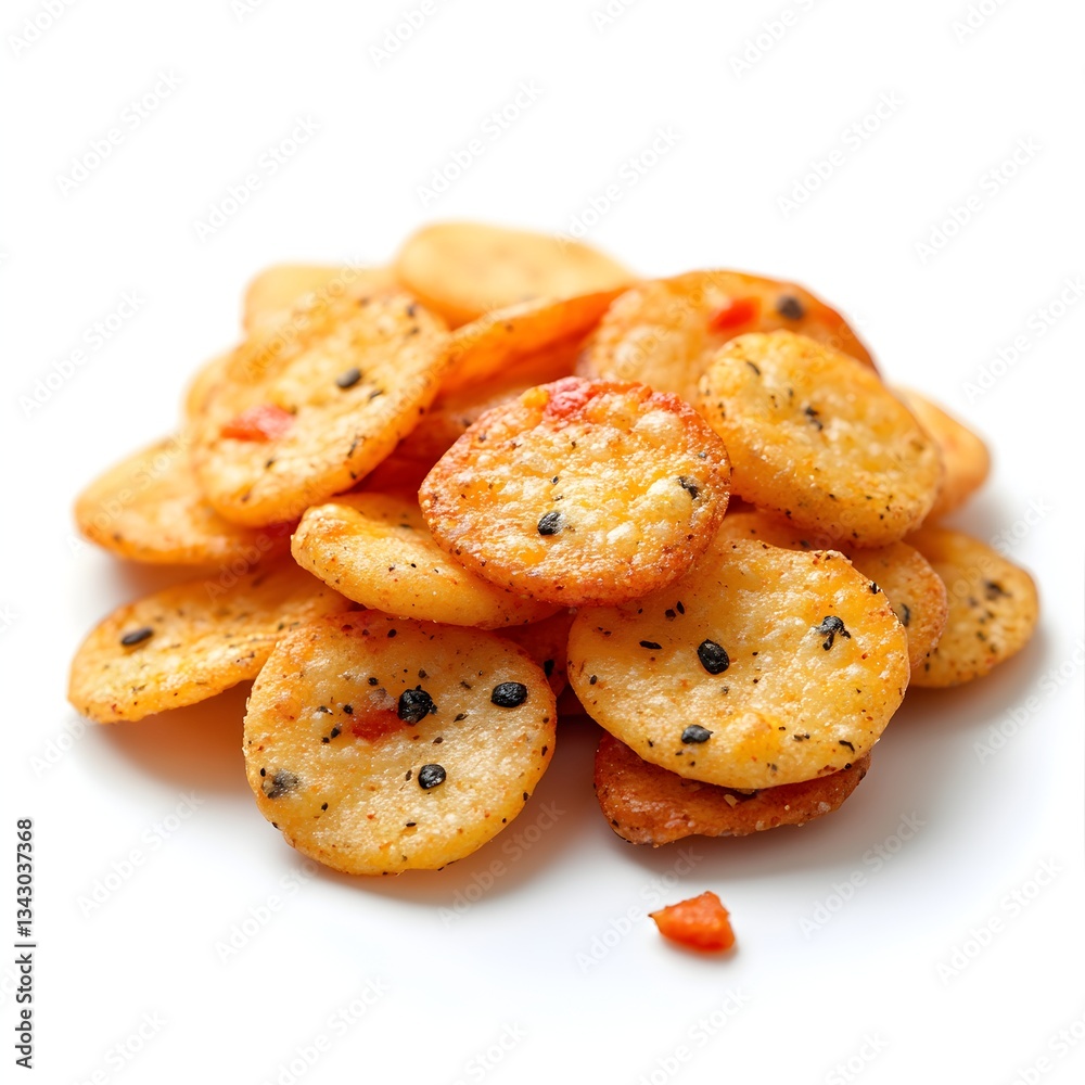 A delicious pile of crispy seasoned rice crackers perfect for a snack or party appetizer is shown against a white background. A delicious pile of crispy seasoned rice crackers perfect for a snack or party appetizer is shown against a white background.