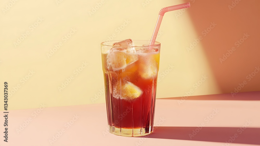 Cola and juice in a glass with ice and a straw Cola and juice in a glass with ice and a straw