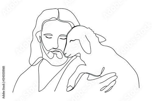 Jesus Christ Gentle Shepherd Lamb Line Art Drawing