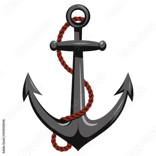 Vintage nautical anchor with twisted rope and wooden crossbar. A detailed maritime symbol, perfect for sailing, navy, marine, ocean, sea travel, fishing, coastal themes.