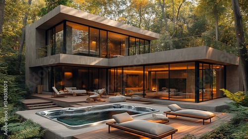 A modern luxury home with a reflective glass exterior, blending into the surrounding forest, with a deck featuring a hot tub and lounge chairs.