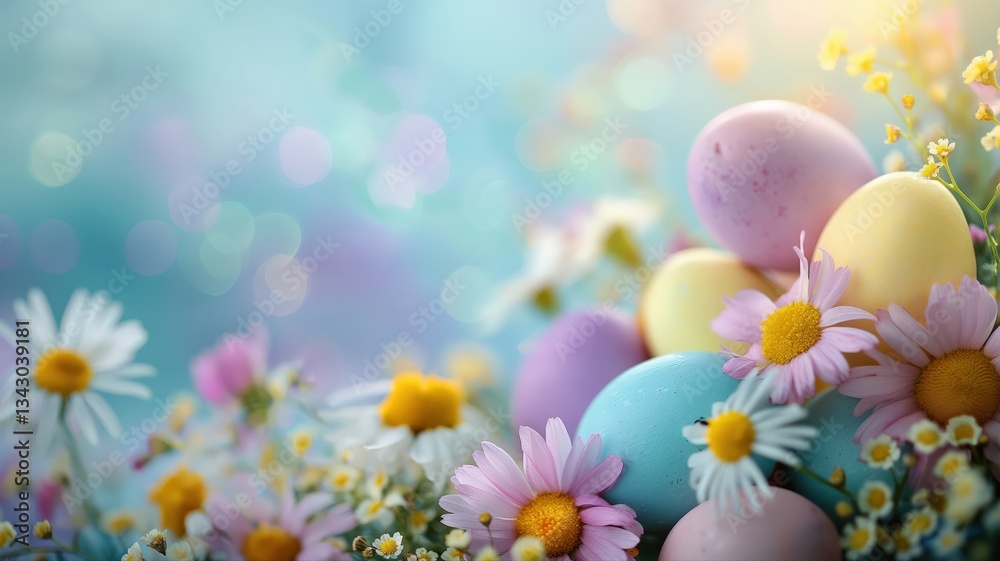 Obraz premium easter eggs and flowers copy space for text