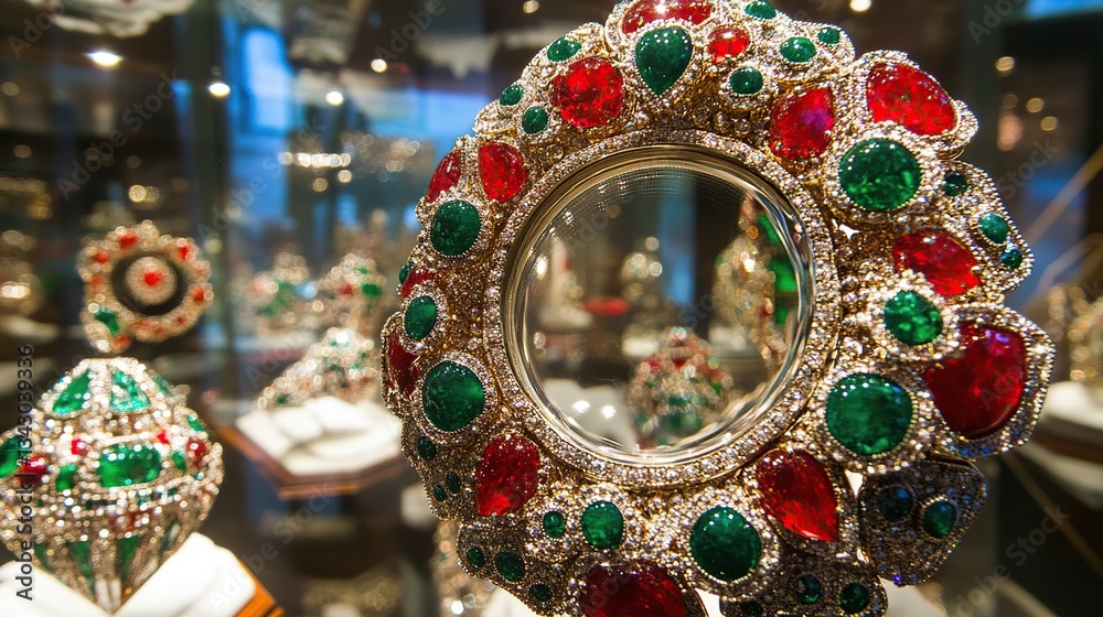 Fototapeta premium Emerald ruby jeweled orb museum display showcase