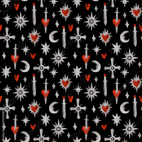 Pattern with medieval symbols on black background. Hand-drawn seamless texture with Middle Ages hearts, swords, stars, moon, cross. 