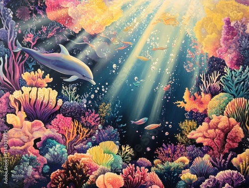 A vibrant underwater scene featuring a dolphin swimming among colorful coral reefs and various fish, illuminated by rays of sunlight breaking through the water's surface photo