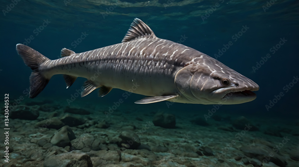 Naklejka premium Swimming Tiger Fish Underwater in Dark Water with Rocky Bottom