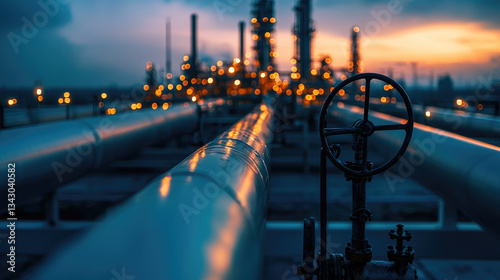 vast network of pressurized pipelines leads to industrial facility, illuminated by warm lights against twilight sky, creating striking contrast between technology and nature