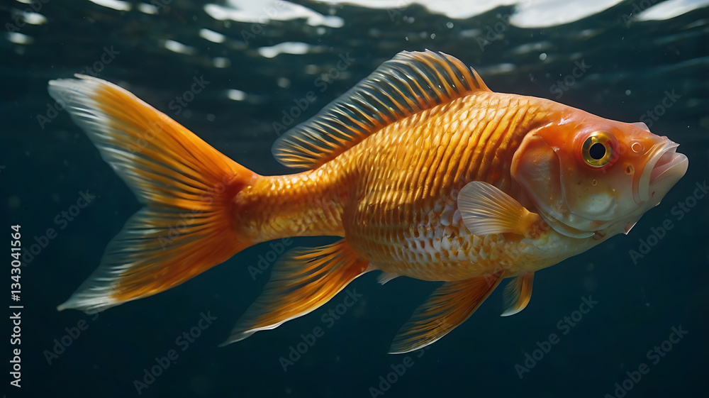 Naklejka premium Swimming Orange Goldfish in Dark Water Aquarium for Pet Concepts